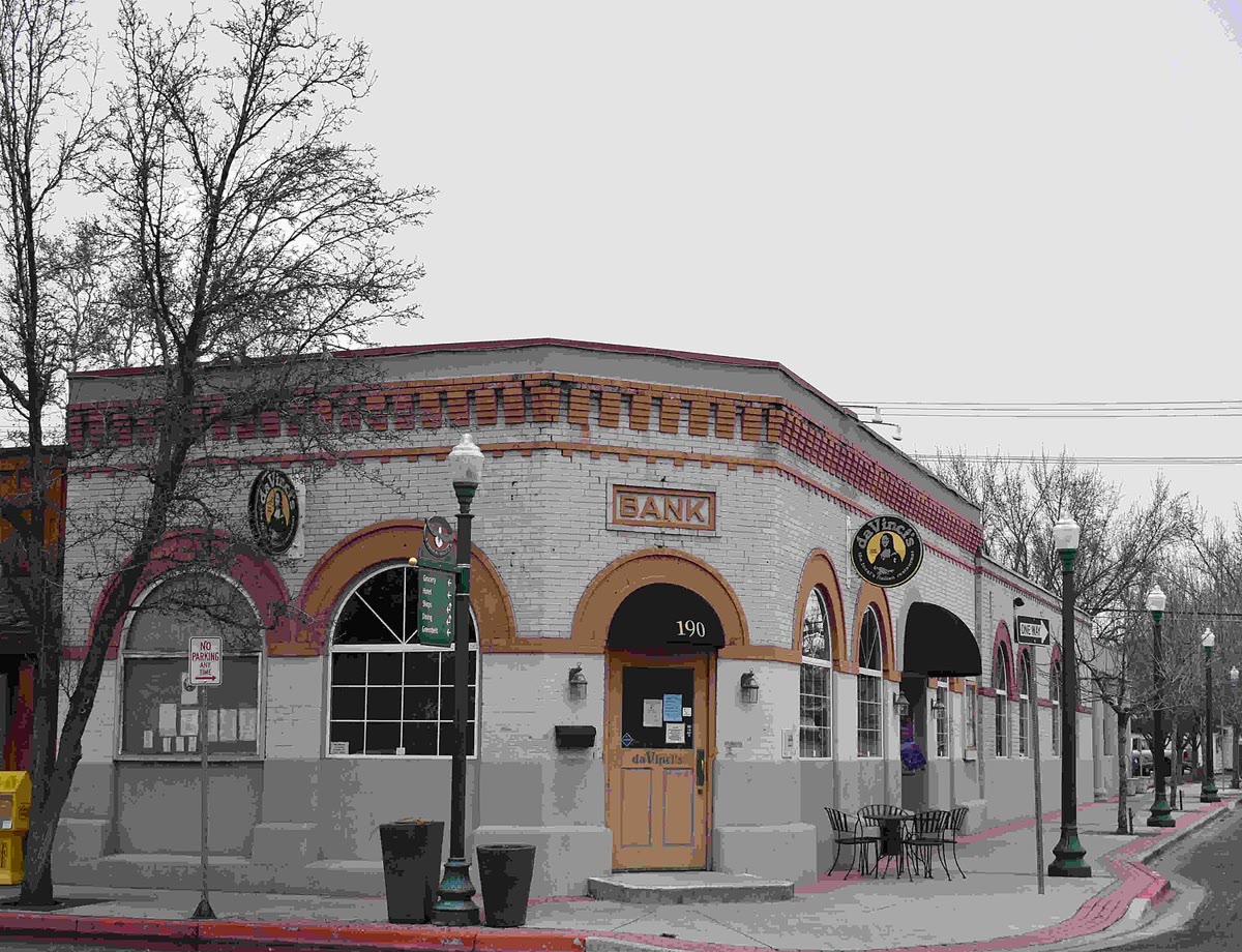 A historic brick corner building in downtown Eagle, Idaho